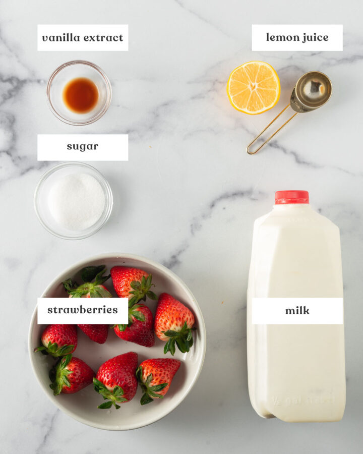 All the ingredients for making homemade korean strawberry milk organized and labeled on a counter.