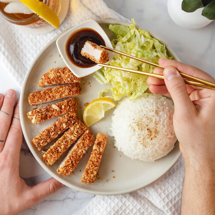 Overhead shot of airfryer tonkatsu (japanese pork cutlet) cropped into a square