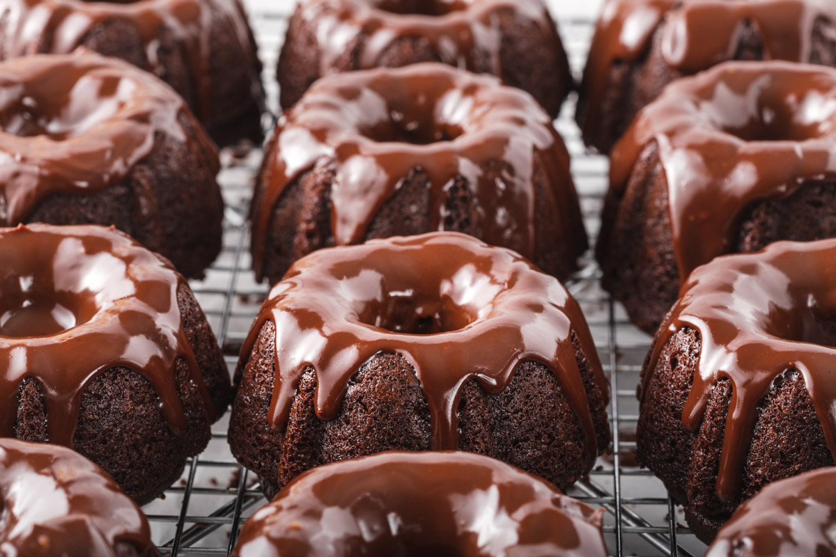 Mini chocolate bundt cake in formation.