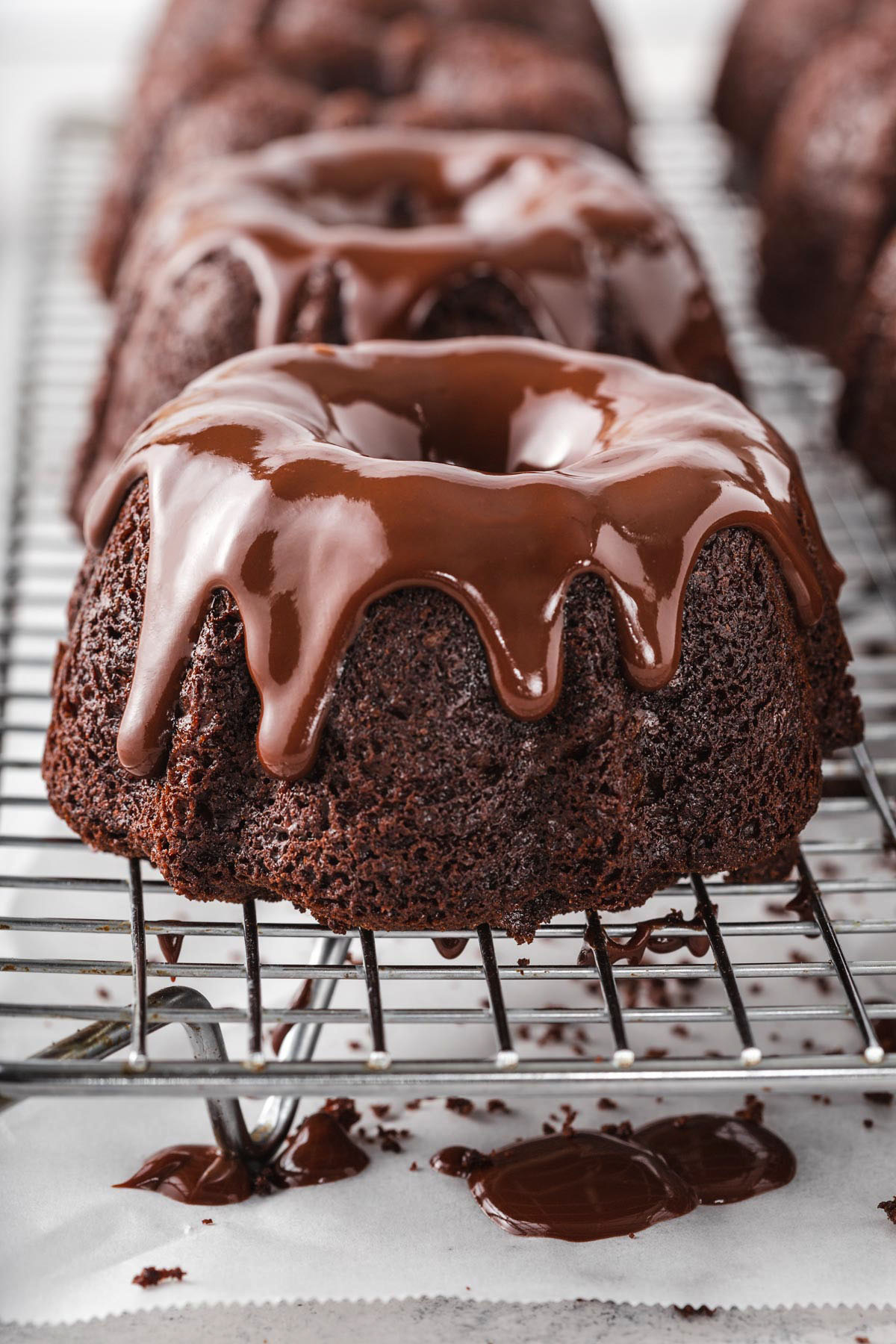 Close-up shot of mini chocolate bundt cakes.