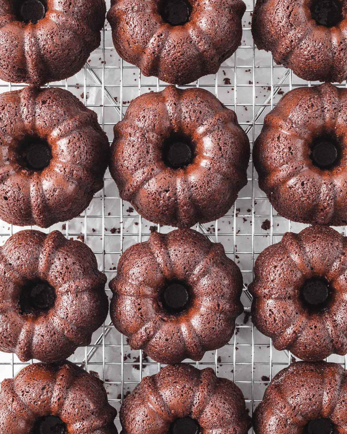 Mini chocolate bundt cakes before the glaze.