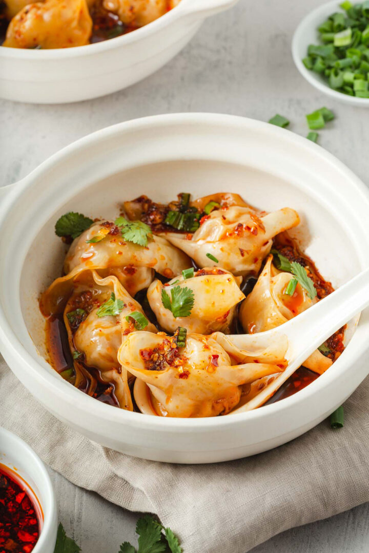 Bowl of Sichuan chili oil wontons