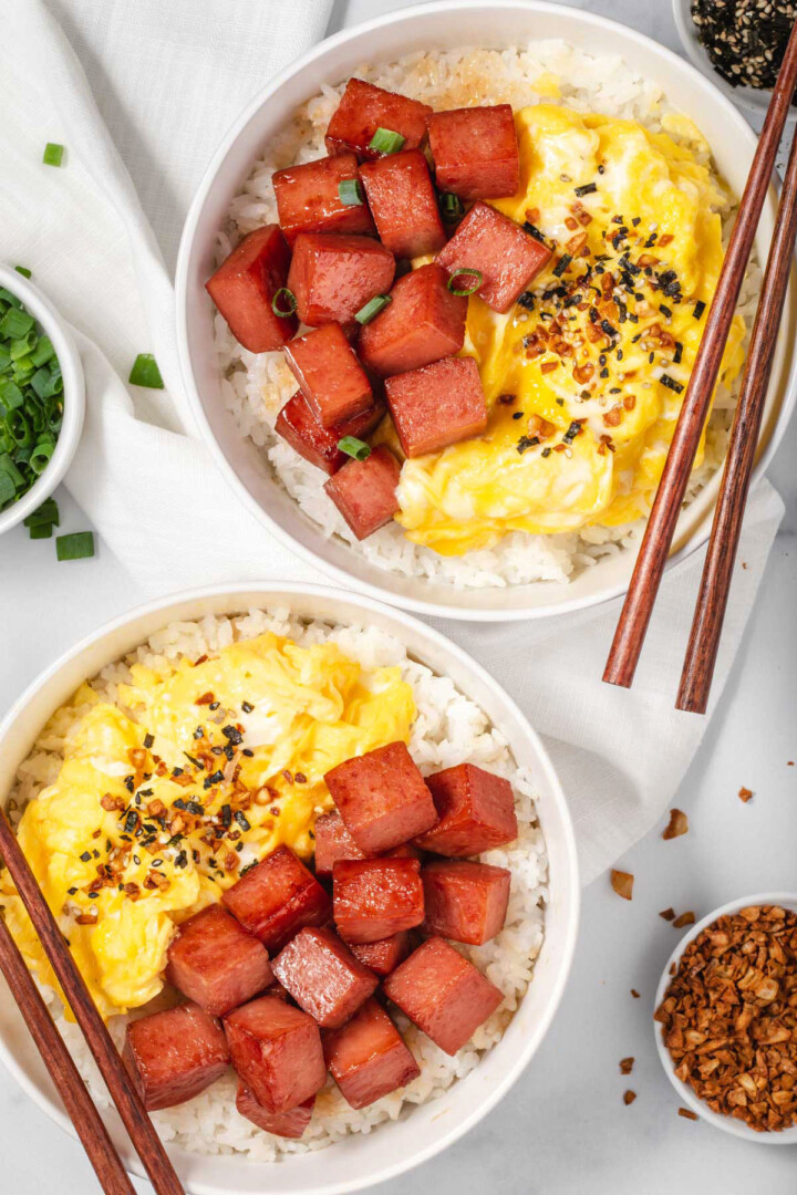 Two bowls of spam and eggs.