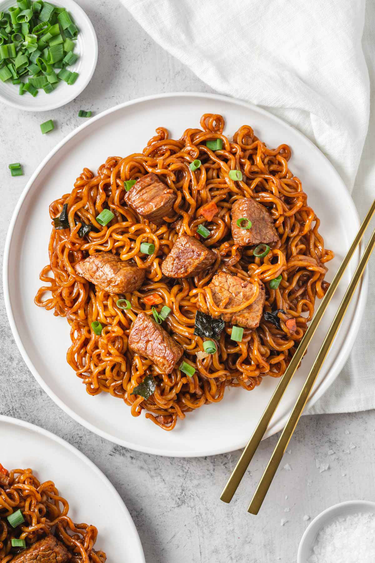 looking down on a table with ram-don steak noodles