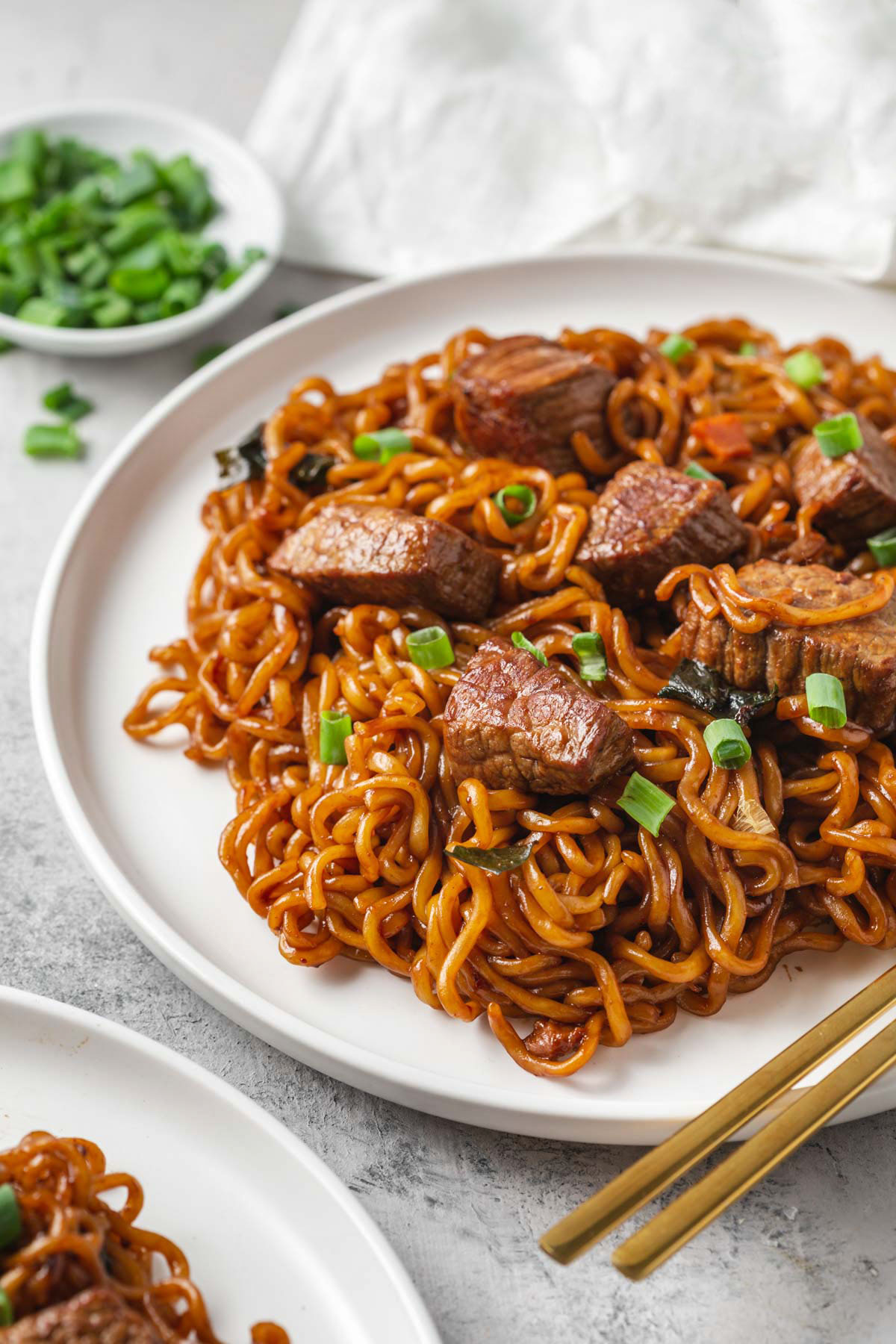 a 3/4 angle close-up of jjapaguri noodles