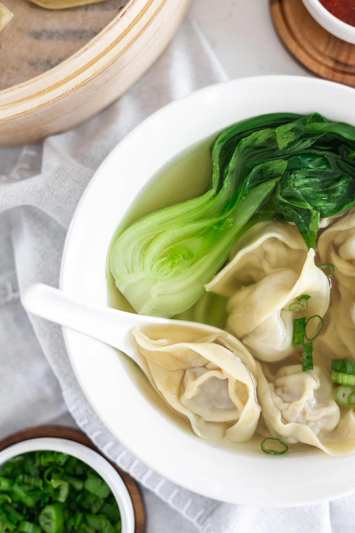 close-up overhead shot of wonton soup