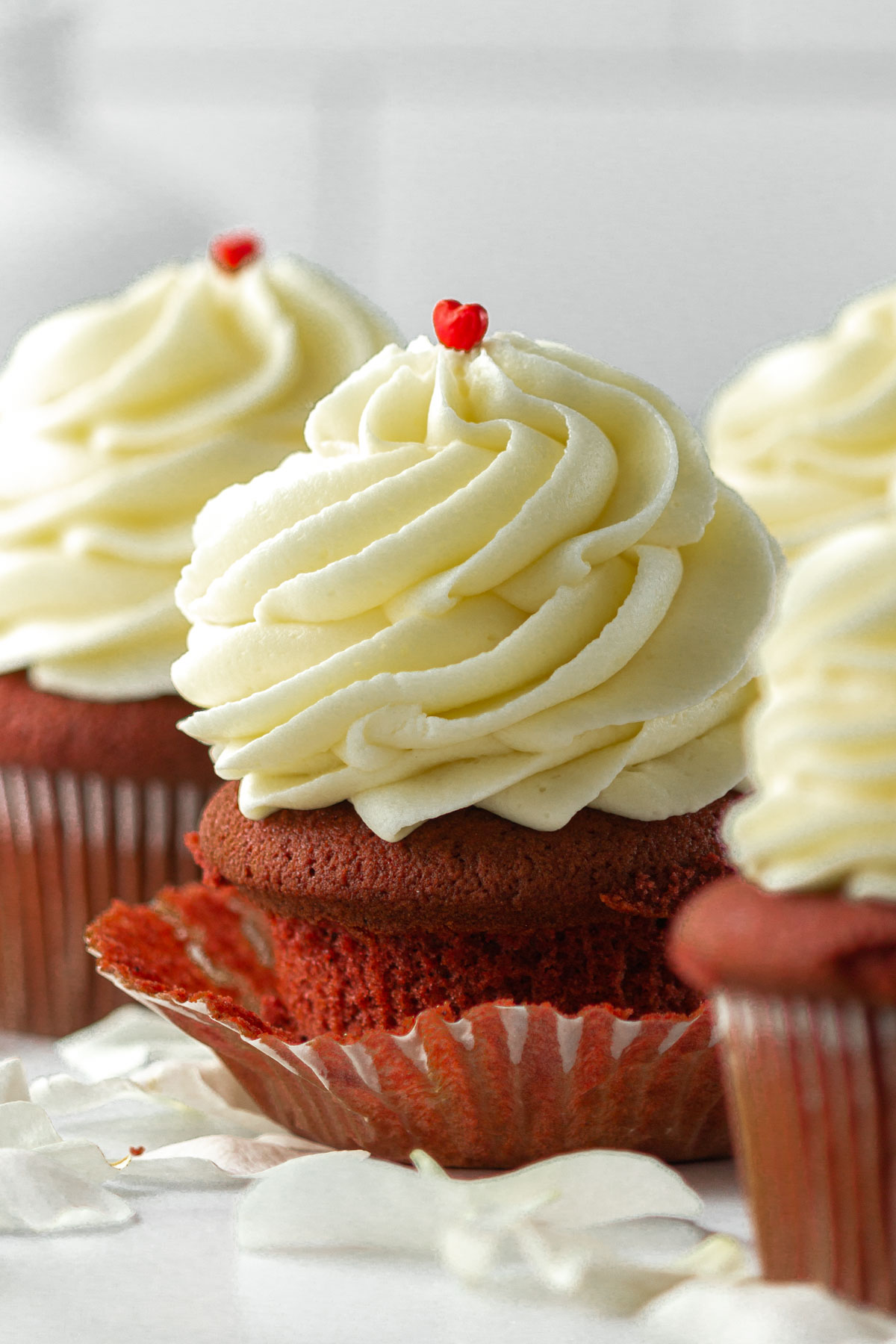 close-up of unwrapped red velvet cupcake