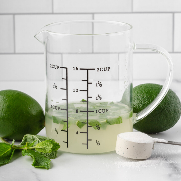 A mixing cup with simple syrup, lime, and mint inside