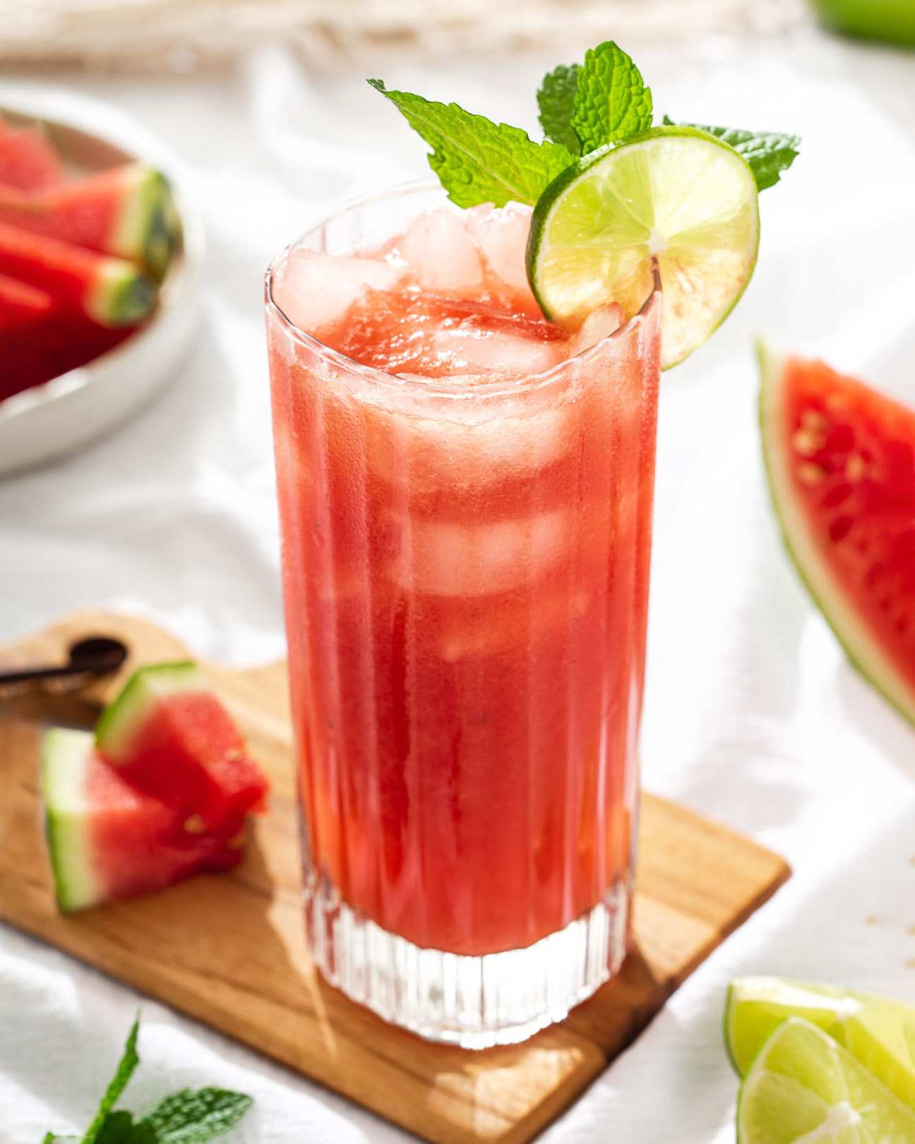 A glass of watermelon mint tea up close