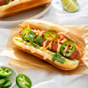 Close up of a Vietnamese style hot dog