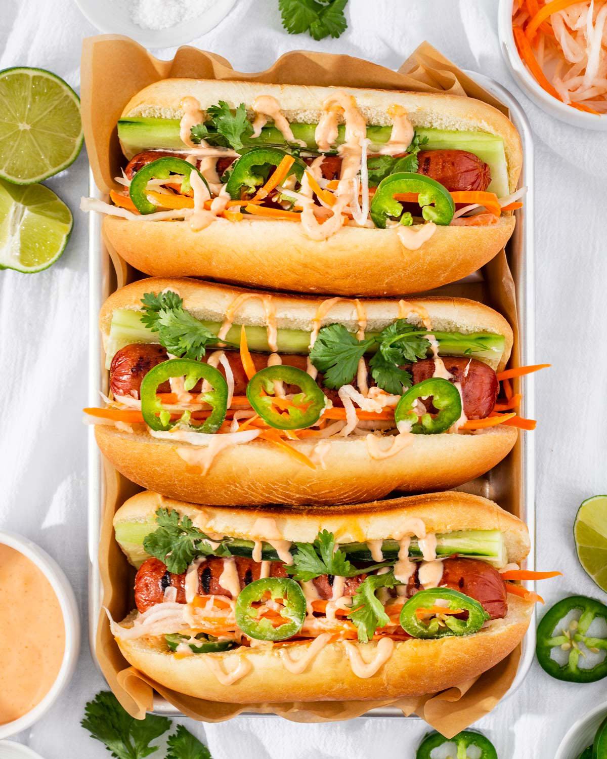 A tray of Vietnamese style hot dogs