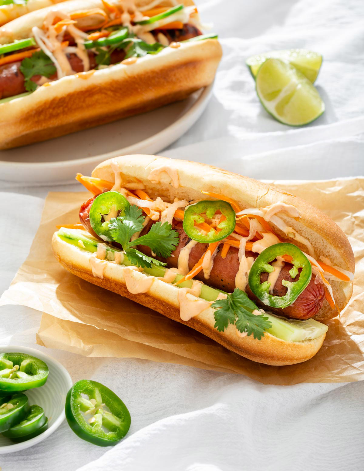 Close up of a Vietnamese style hot dog