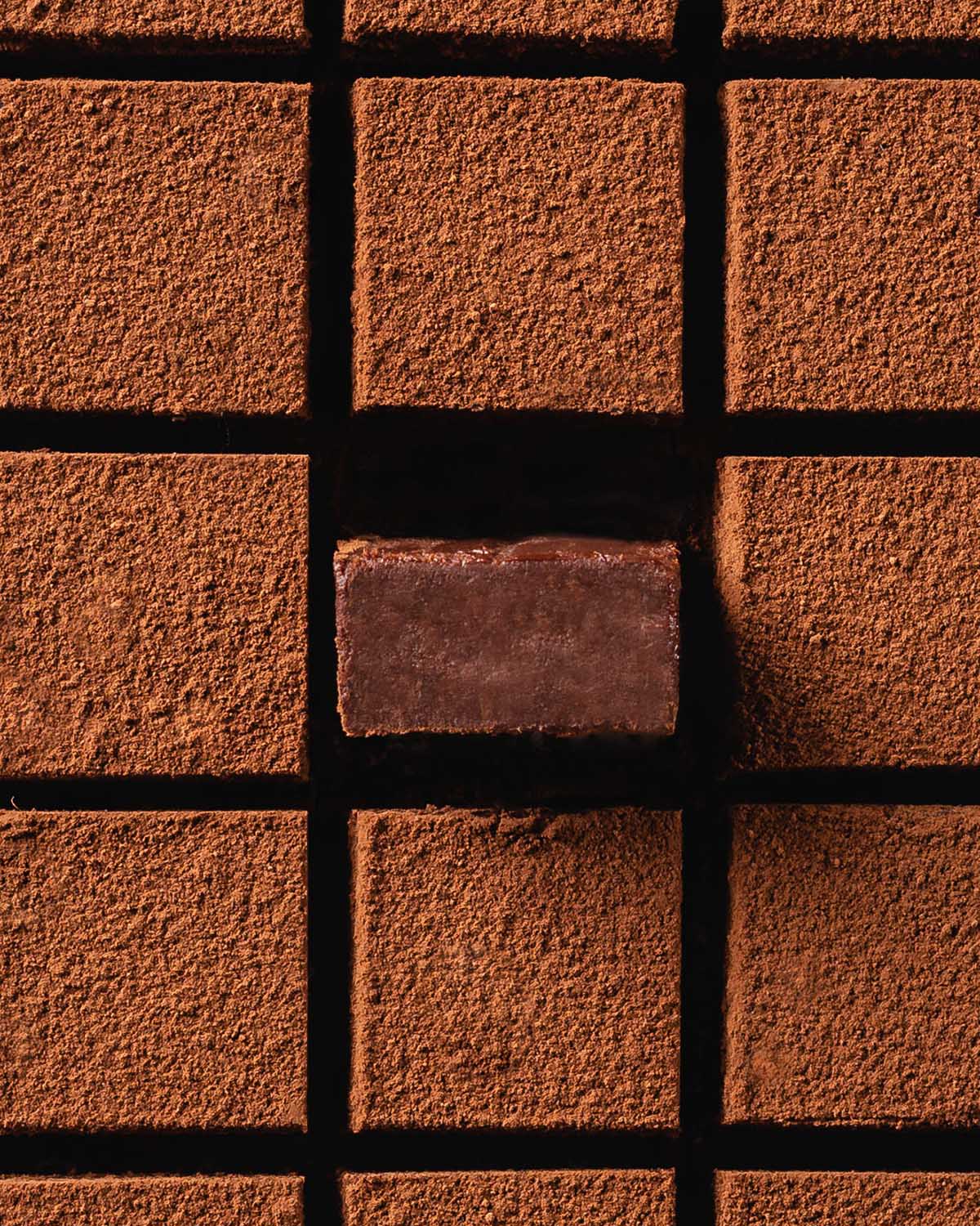 Close up of cut Japanese chocolate bars with one facing outward