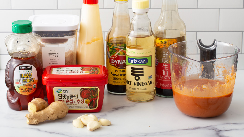 Ingredients for Korean cheese dog sauce on counter