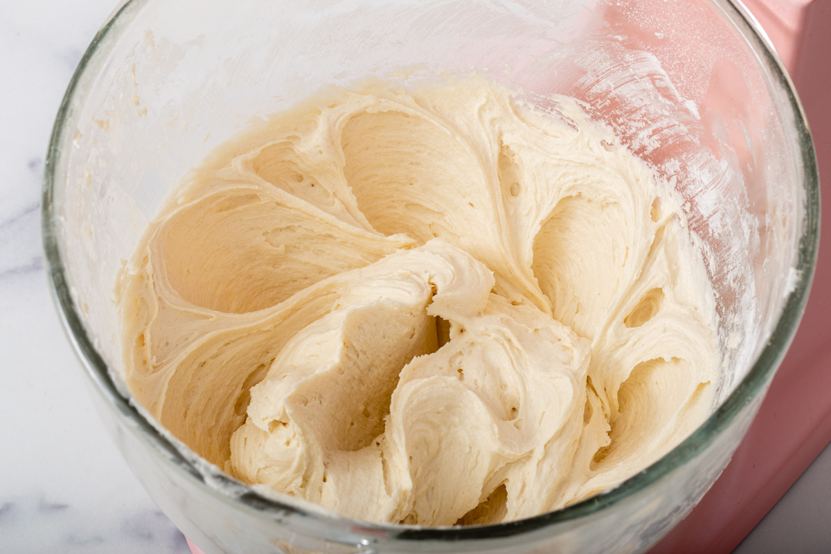 Cookie batter whipped inside a stand mixer