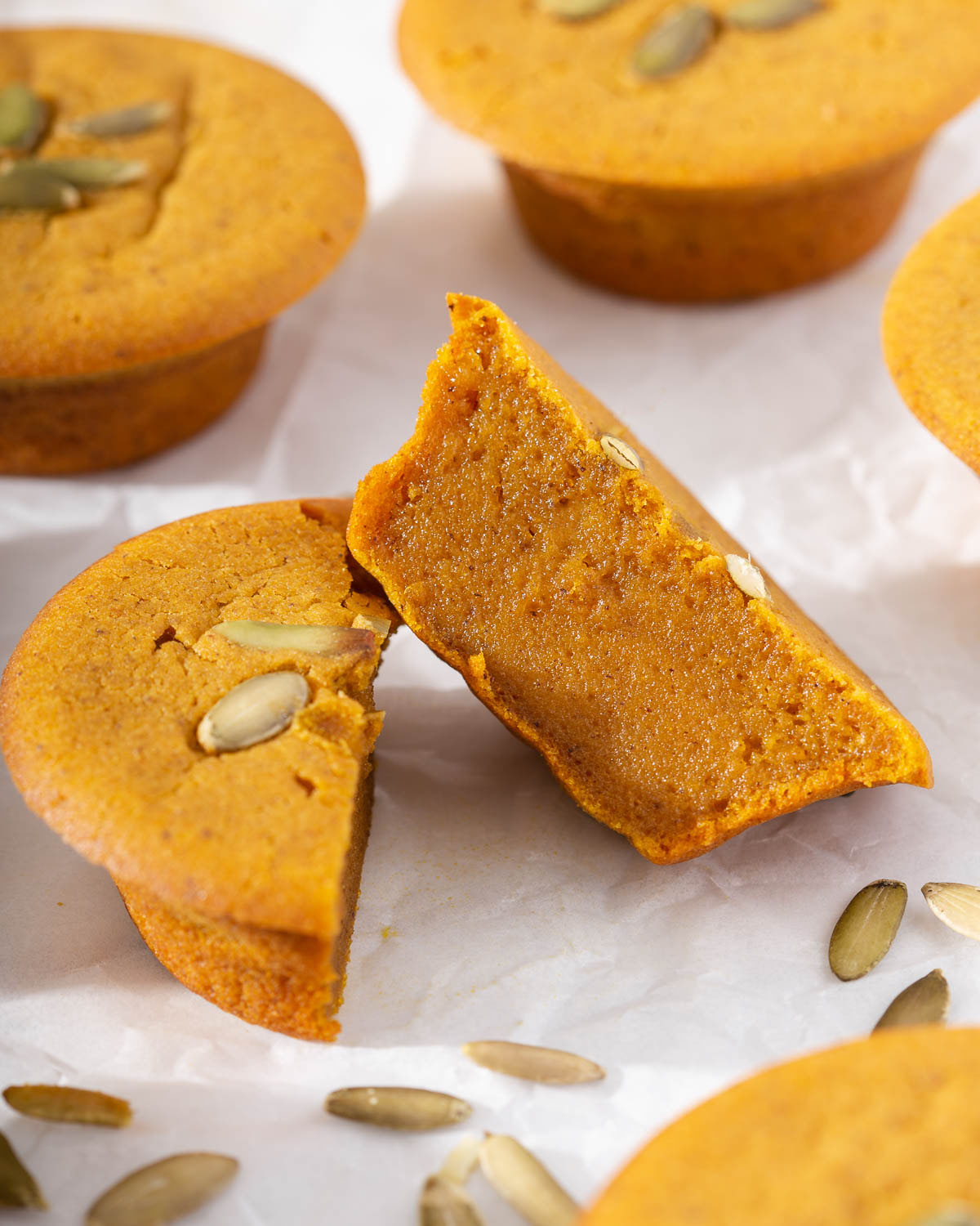 The inside of a pumpkin mochi muffin