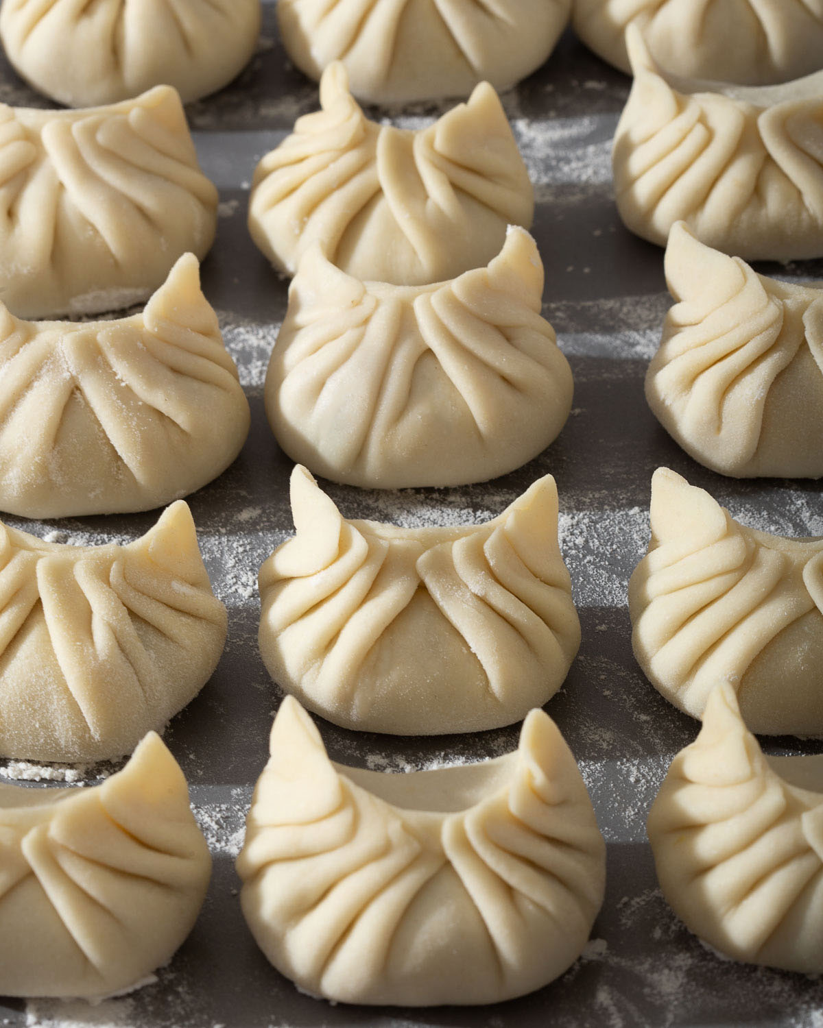 Up close of freshly folded dumplings on a tray