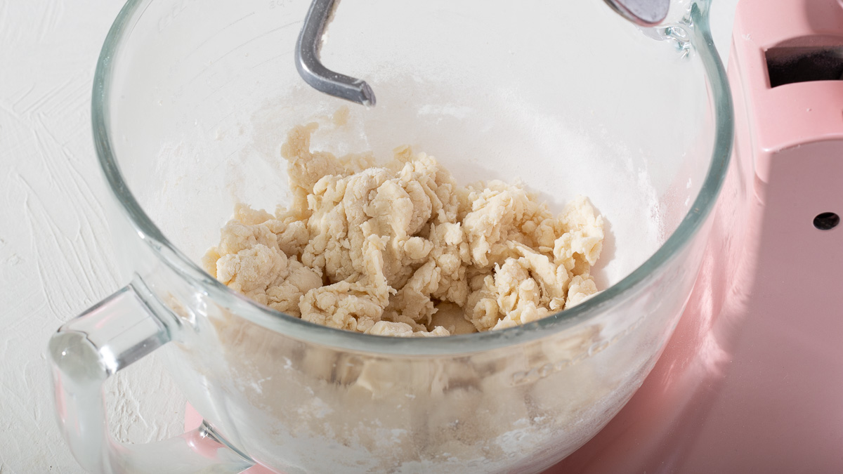 Dumpling dough mixed in a stand mixer