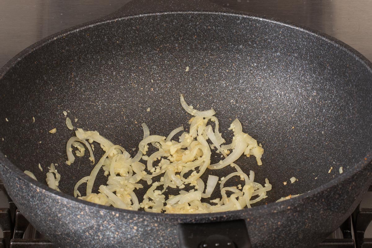Caramelizing onions and garlic in a large wok