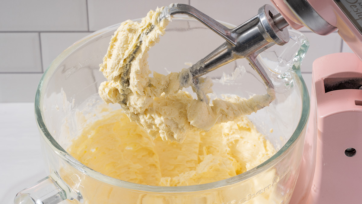 The liquid cookie ingredients blended together in a stand mixer