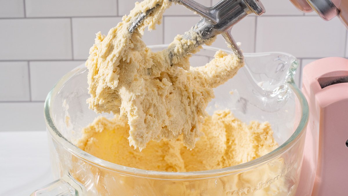 The cookie dough after the wet and dry ingredients are blended together in a stand mixer