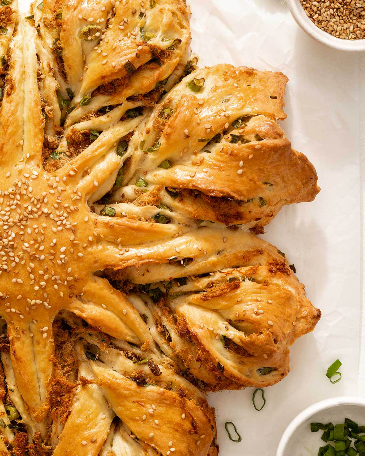 An overhead detail shot of the arms of star bread showing the pork floss and scallions.