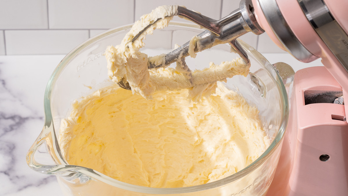 The wet cookie batter mixed in a stand mixer