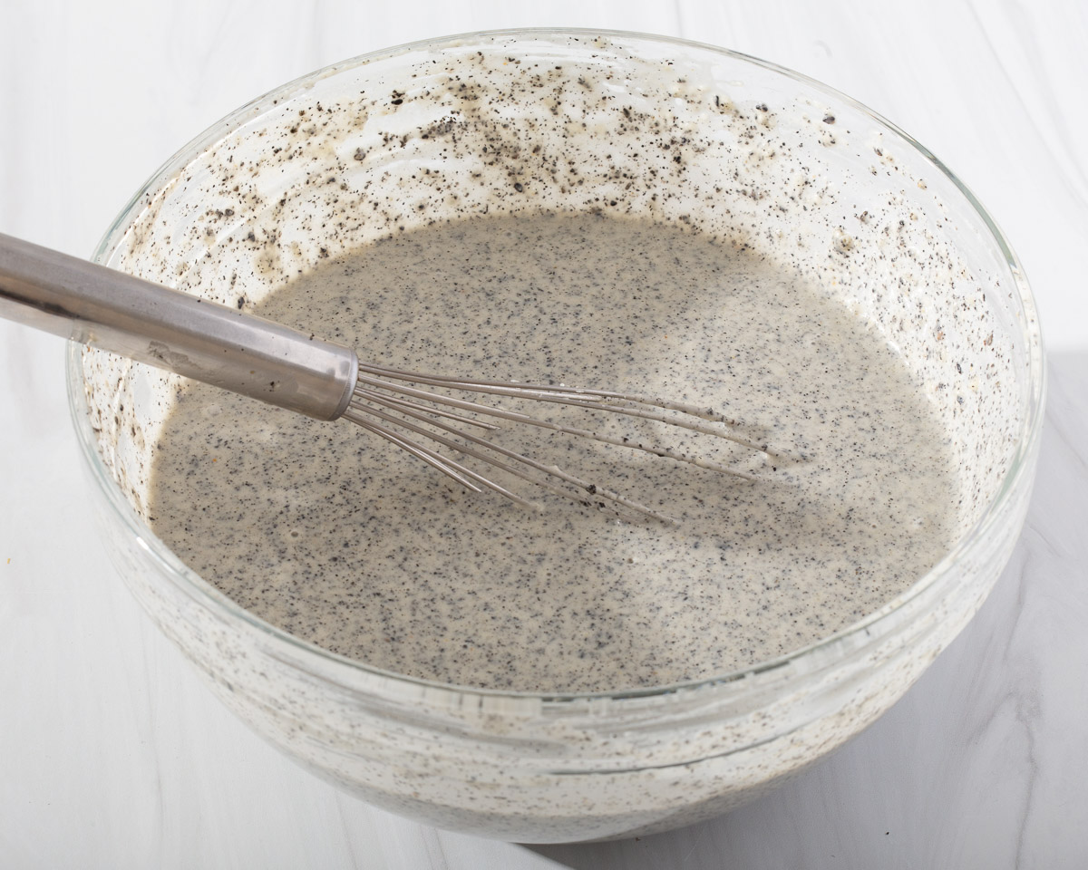 The complete batter mixed together for black sesame waffles.