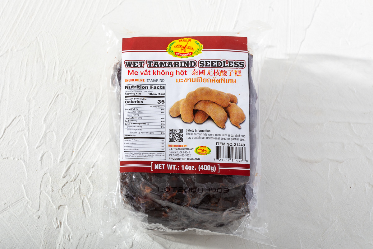 A package of seedless tamarind paste for making pad thai sauce.