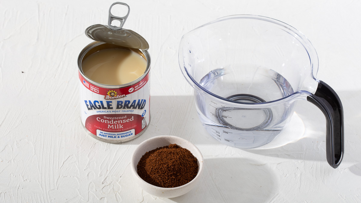 Condensed milk, Vietnamese coffee grounds, and water for making coffee.