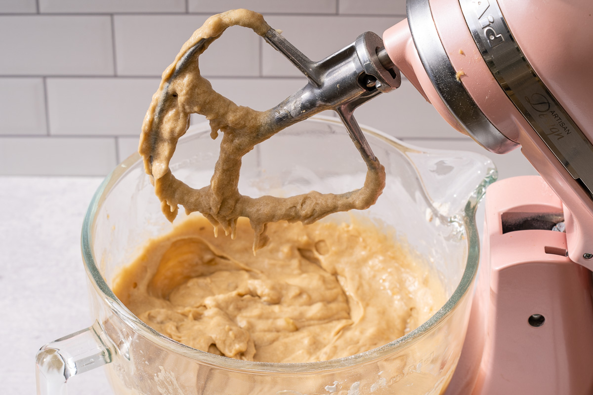 The final miso banana bread batter in a stand mixture.