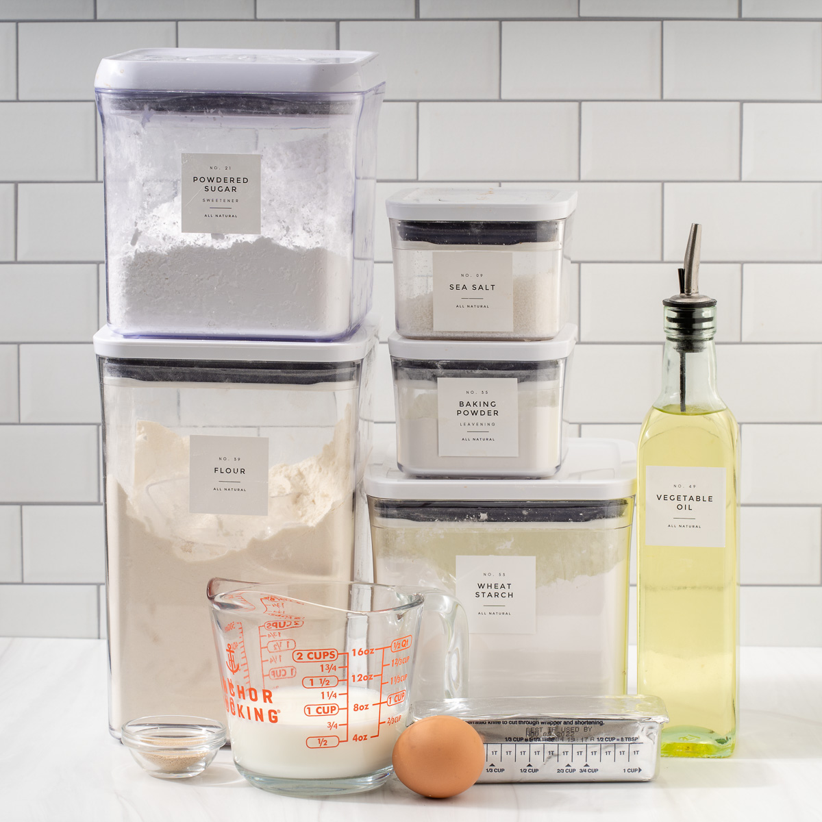 All the ingredients for Chinese steamed buns organized on a counter top.