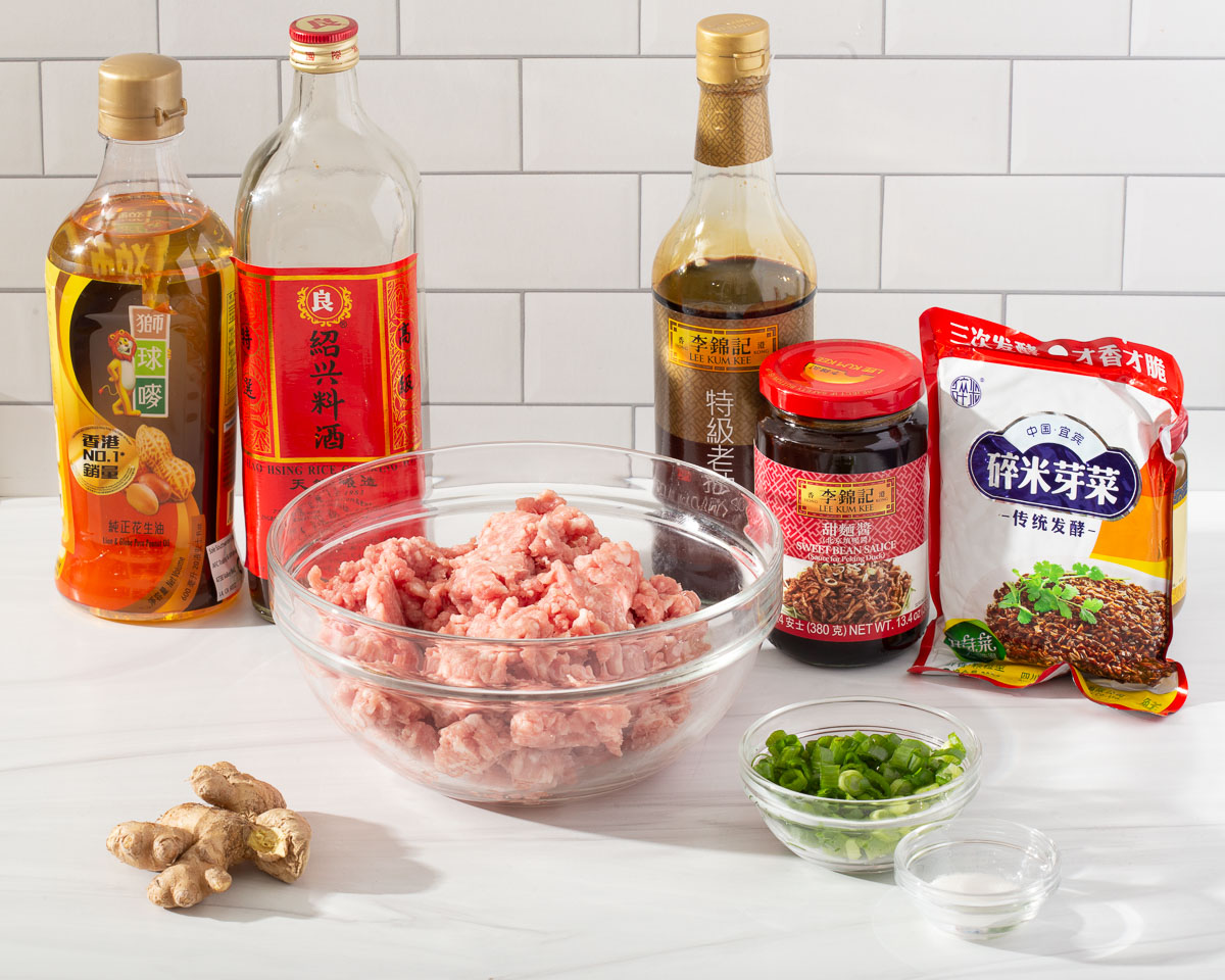 The ingredients laid out for the ground pork in dan dan noodles.