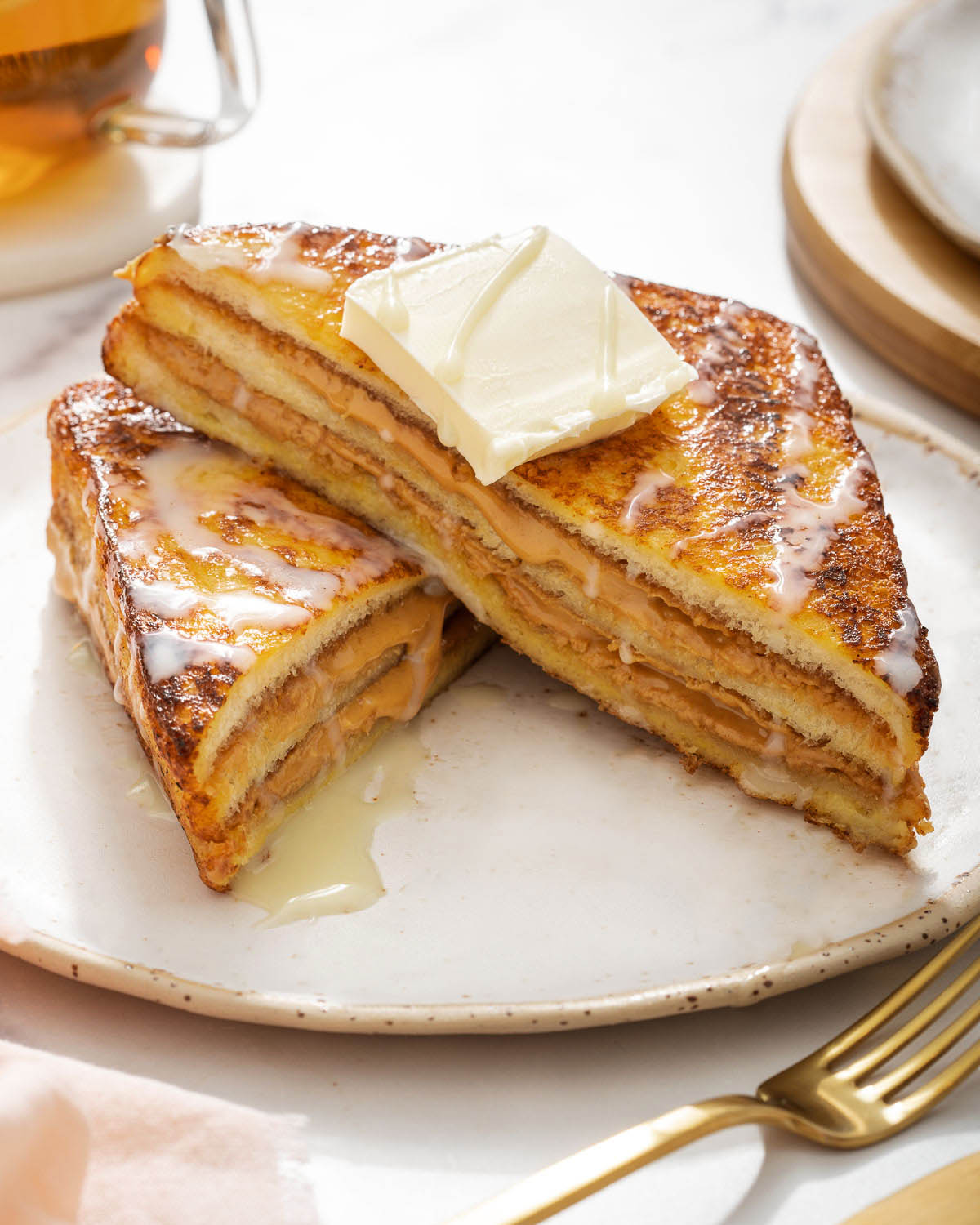 Up close of sliced Hong kong french toast to show the layers.