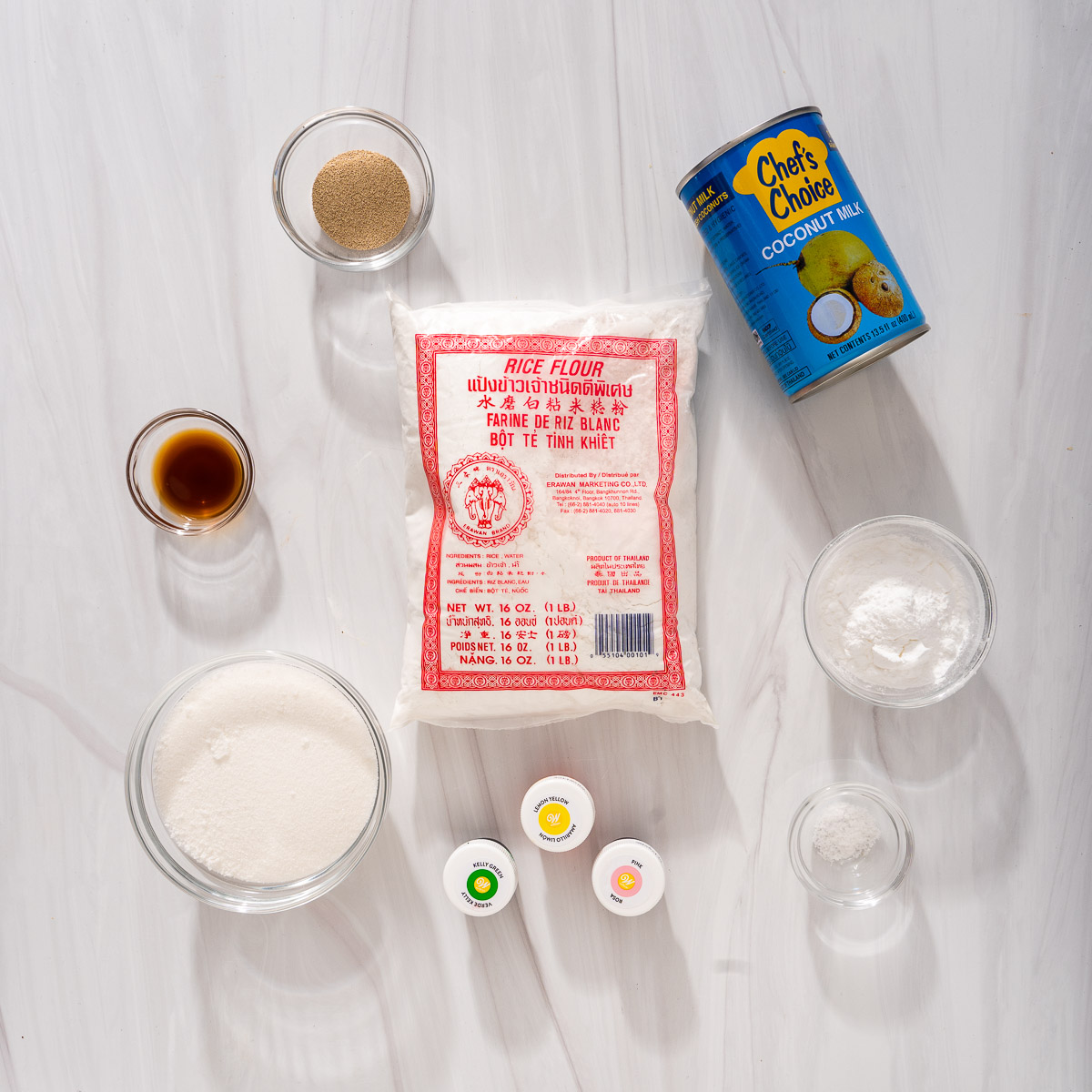 All the various ingredients to make Vietnamese steamed rice cake.