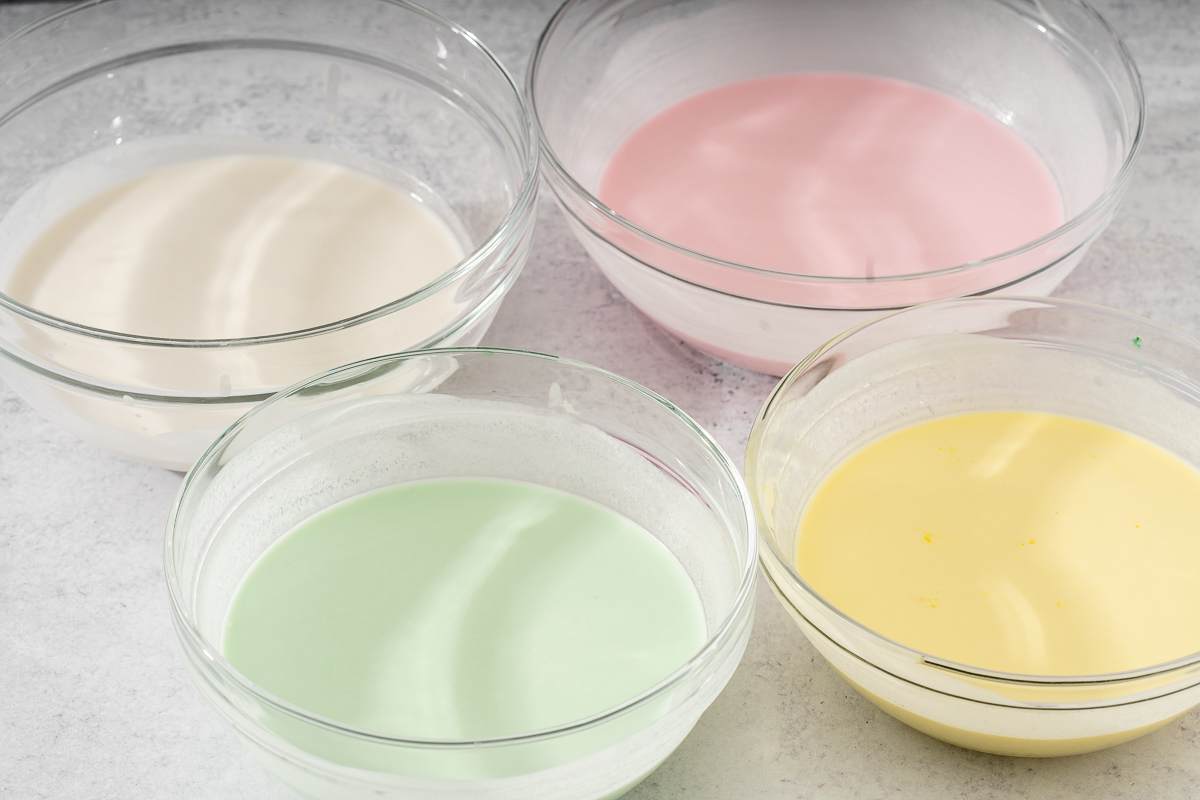 The steamed rice cake batter in separate bowl with pastel colors added.
