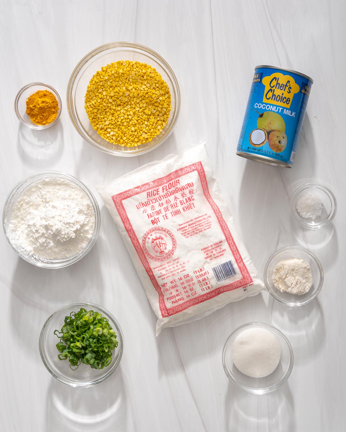 Looking down at the ingredients to make Vietnamese crepes.