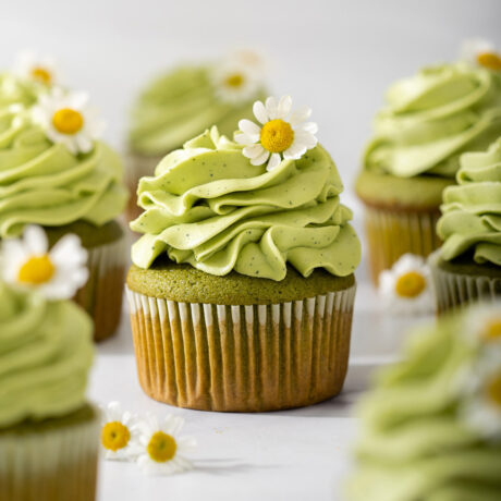 A close up of a matcha cupcake surrounded by other cupcakes.