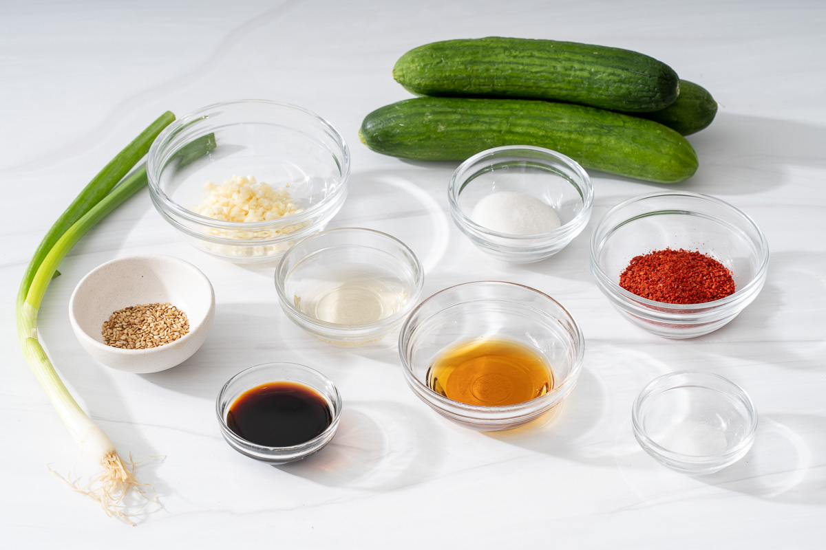 All the ingredients to make Korean cucumber salad.