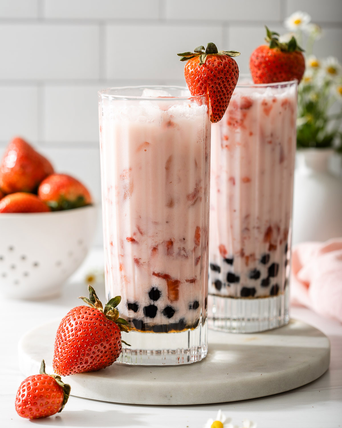 Pouring Glass Healthy Strawberry Boba Bubble Tea Fresh Fruit