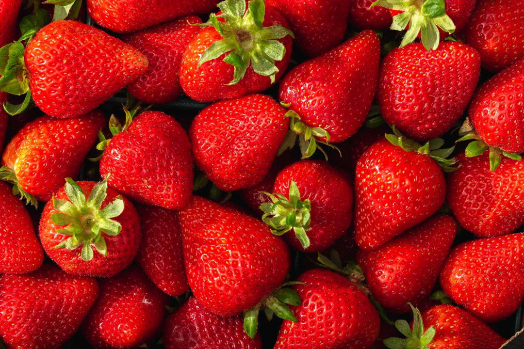 Looking down at fresh strawberries.