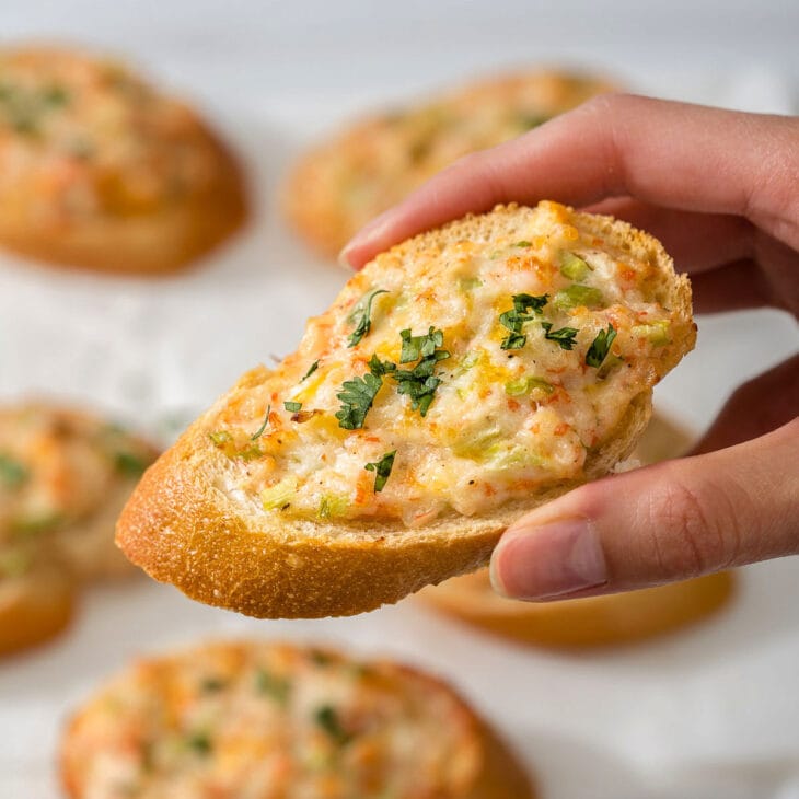 Up close of someone holding up a piece of Vietnamese shrimp toast.