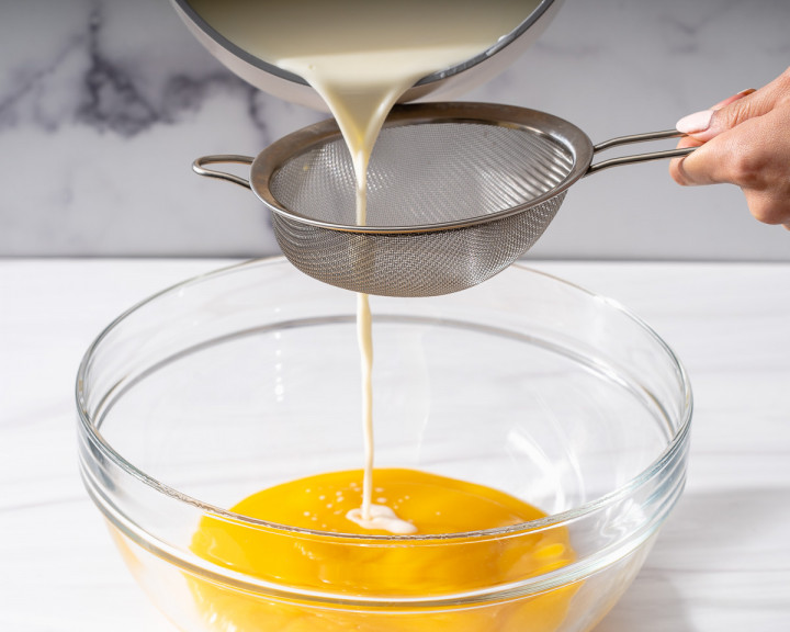 Sifting the milk mixture into the mango puree in a large bowl.
