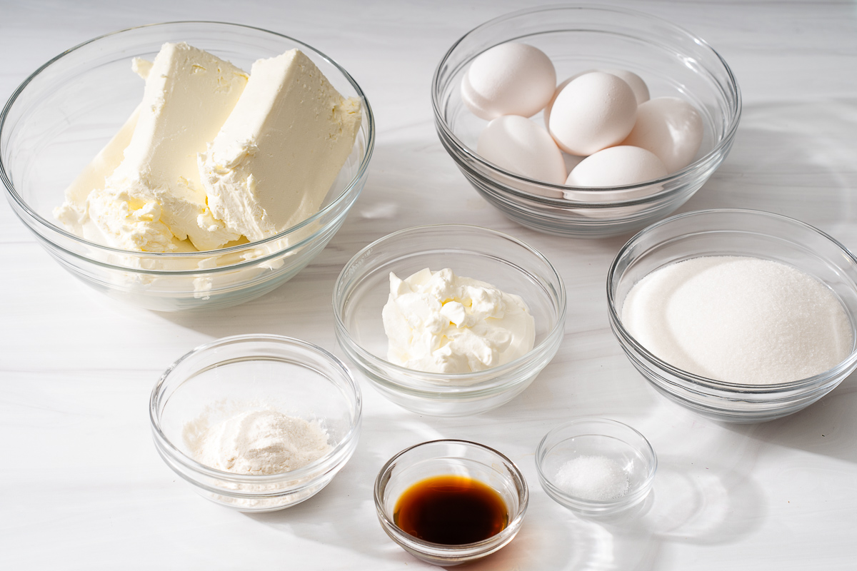 All of the ingredients to make the cheesecake batter.