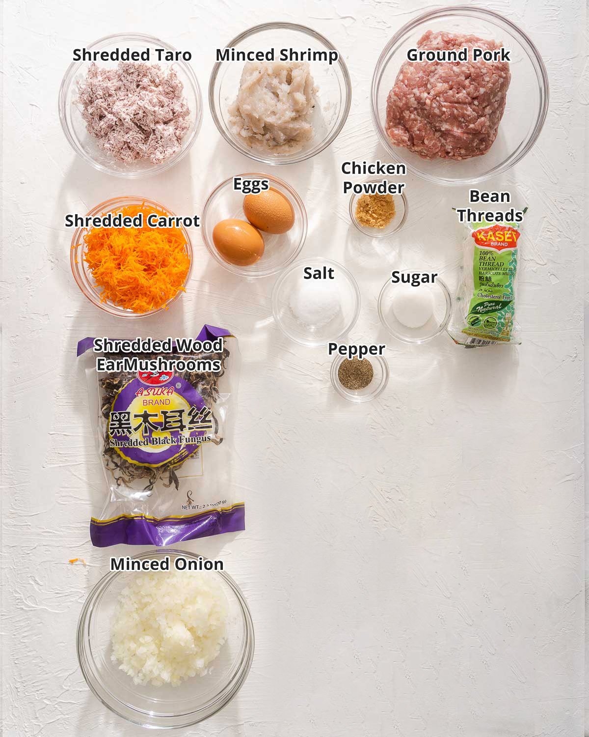 All the ingredients to make vietnamese egg rolls.