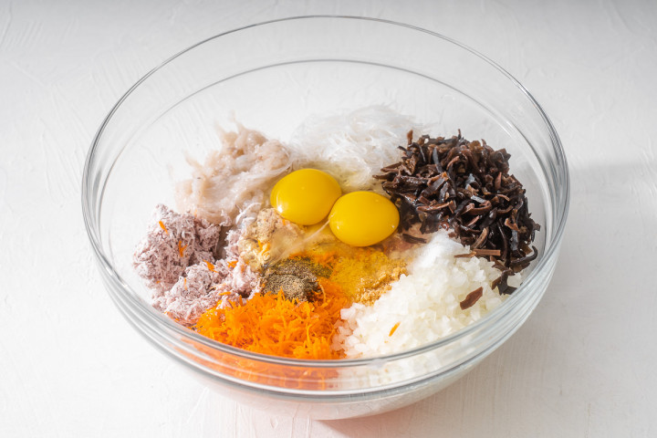 All the filling ingredients in a large mixing bowl ready to be combined.
