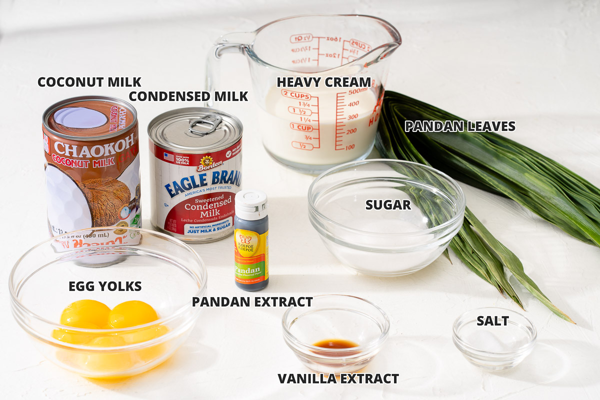 All the ingredients to make pandan ice cream from scratch.