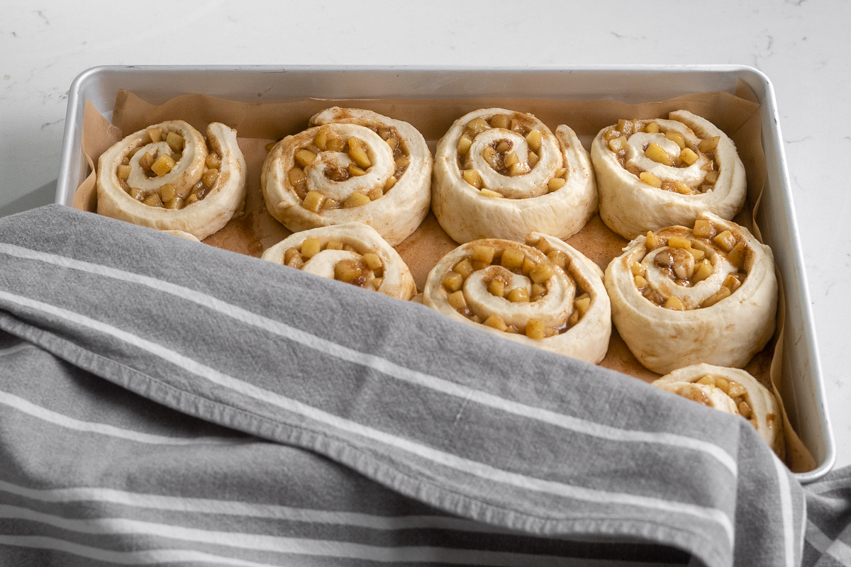Apple cinnamon rolls that have been rested and risen.