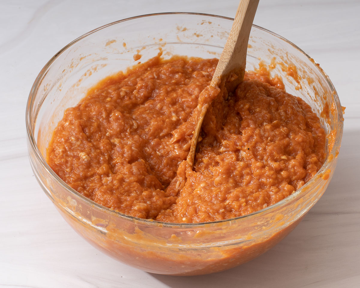 Vietnamese crab meatball mixture in a large mixing bowl.