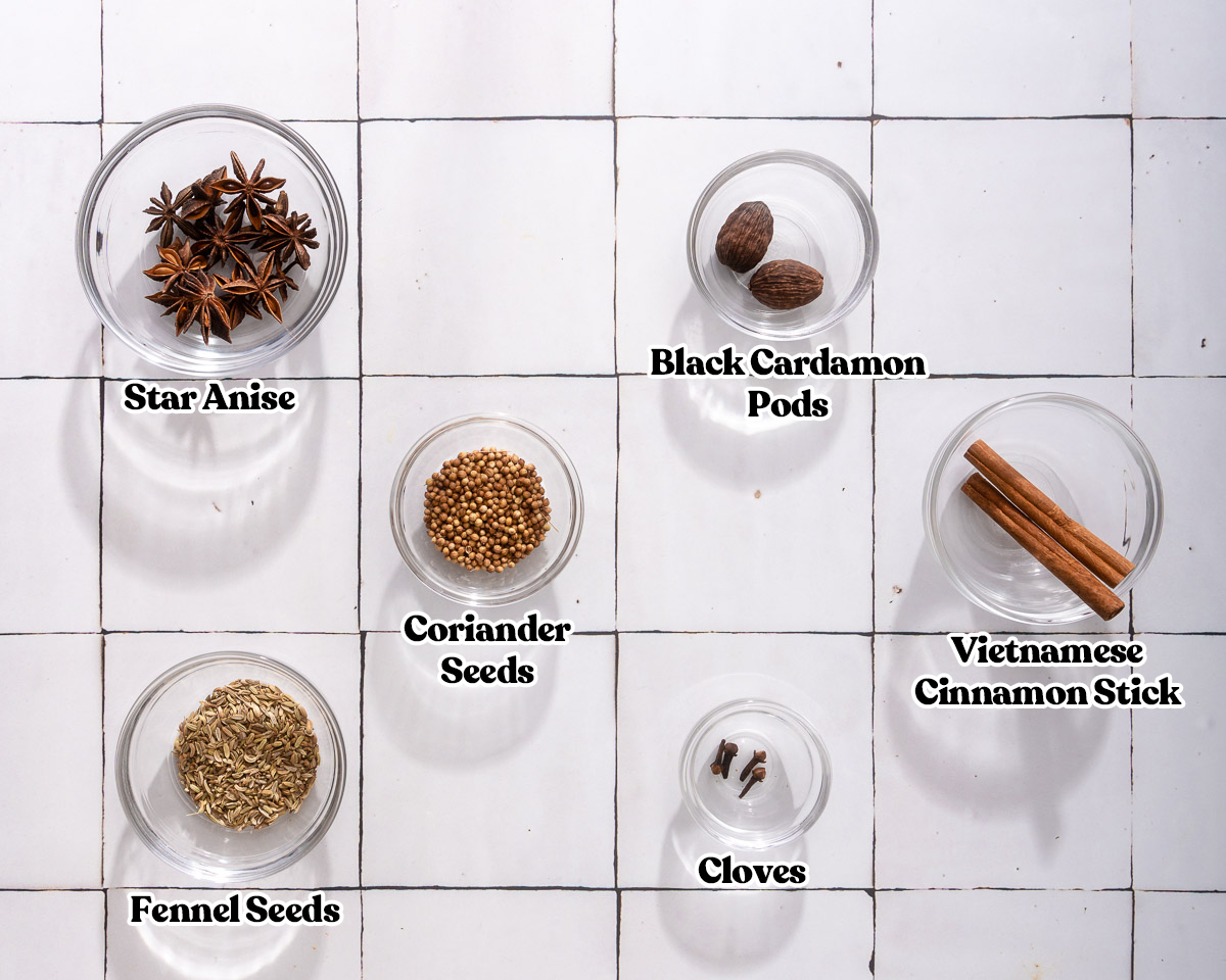 All the aromatic spices for pho ga broth labeled.